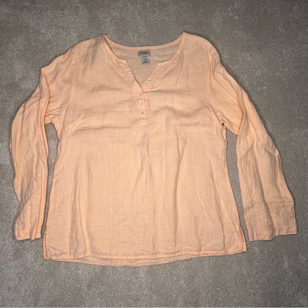 LL Bean 100% Linen Peach 3 button long‎ sleeve lightweight top women's large